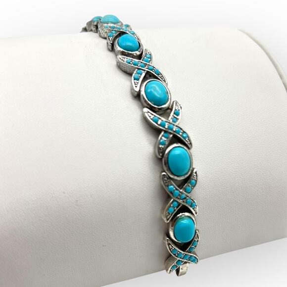 Balinese Silver Bracelet Turquoise Blue Square Shape Semi Precious Stone Howlite - Picture 2 of 11